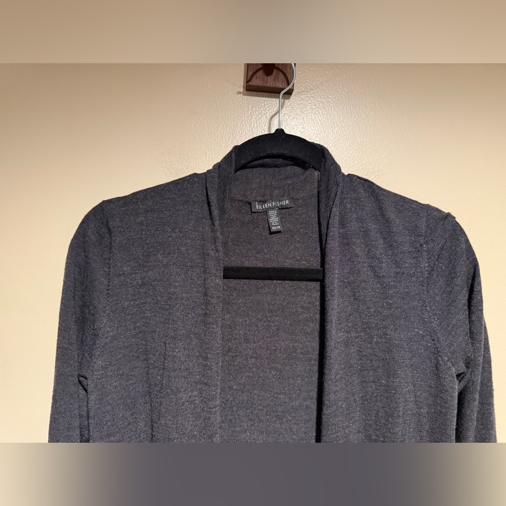 Eileen Fisher 100% Merino Wool charcoal grey Long Open Front Sweater Cardigan XS - Picture 3 of 5